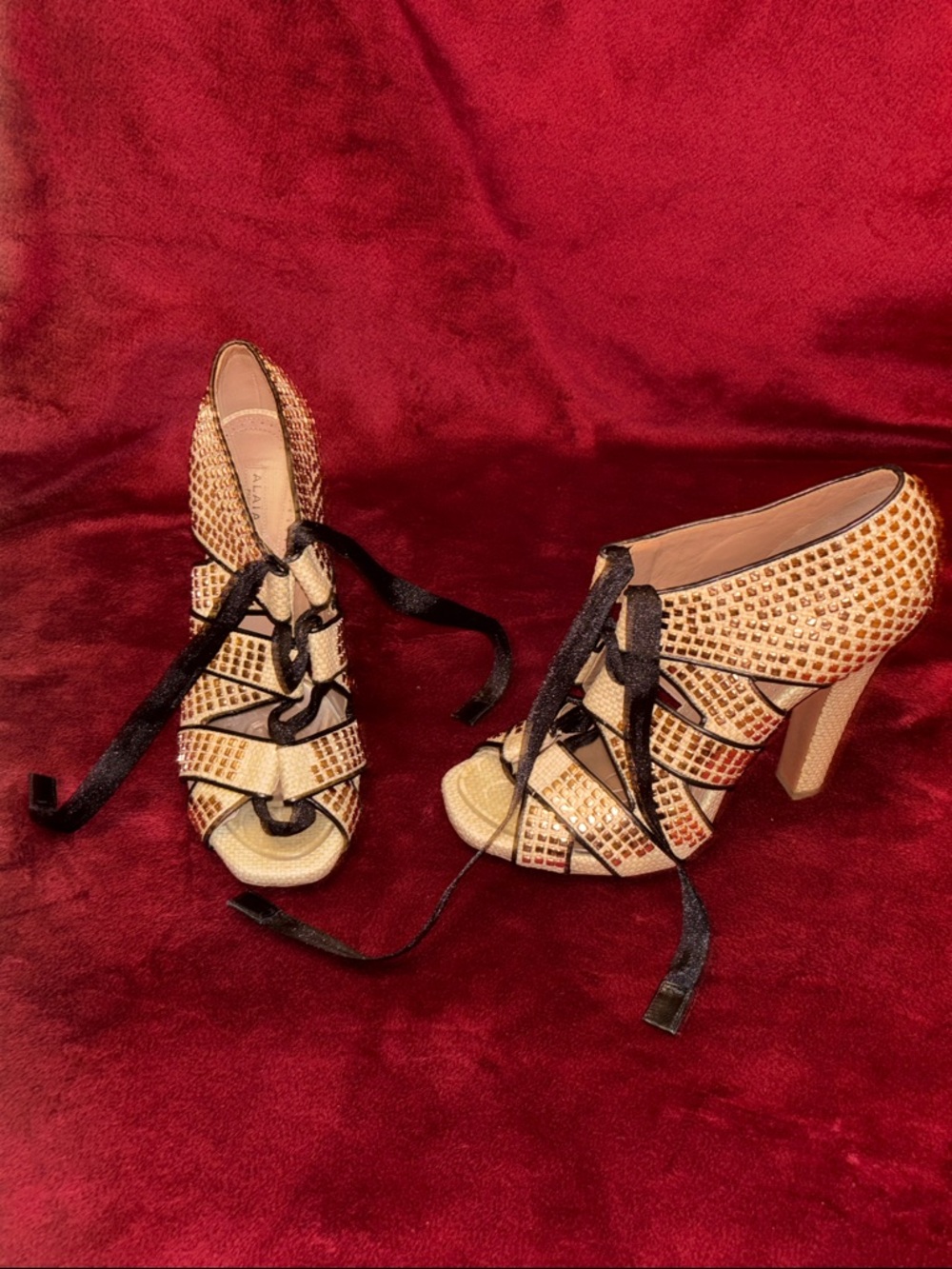 Alaia Beige Crystal-Embellished Lace-Up Peep-Toe Heels